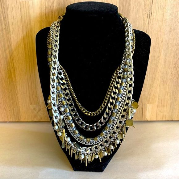 Jenny Bird Jewelry - Jenny Bird Multistrand Chain Gold and Silver Tone Necklace, Leather Snap